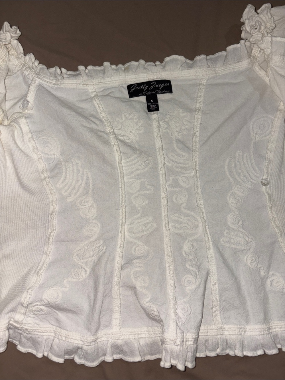 White Off-Shoulder Embroidered Ruffle Peasant Blouse - Picture 5 of 9